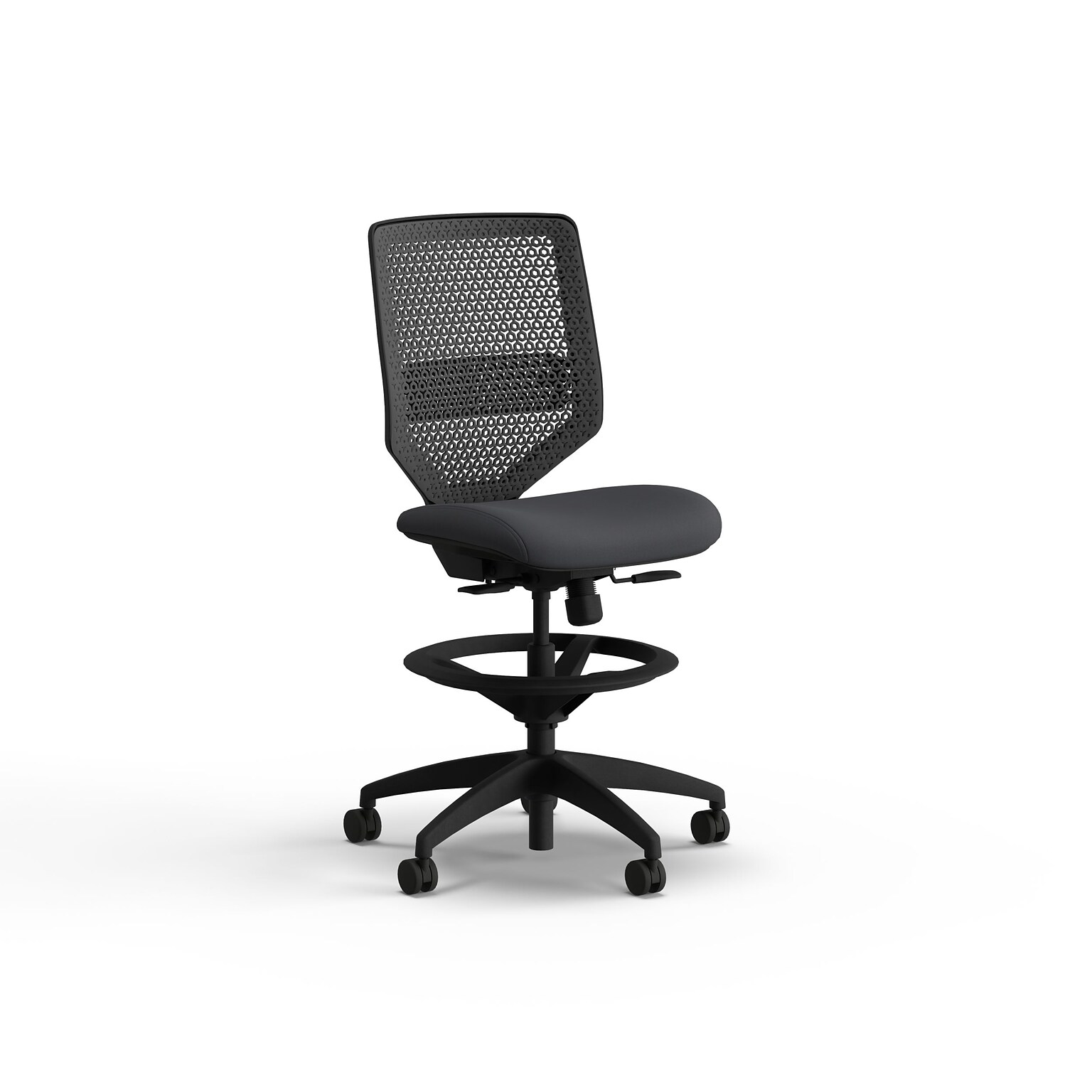 HON Solve Armless ReActiv/Vinyl Task Stool with Backrest and Footrest, Charcoal/Basalt (HSLVSMR.Y1.N.H.0S.SX23.BL.SB.T)