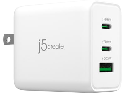 j5create 65W GaN USB-C 3-Port Charger for Laptops, Tablets and Mobile Devices, White (JUP3365)