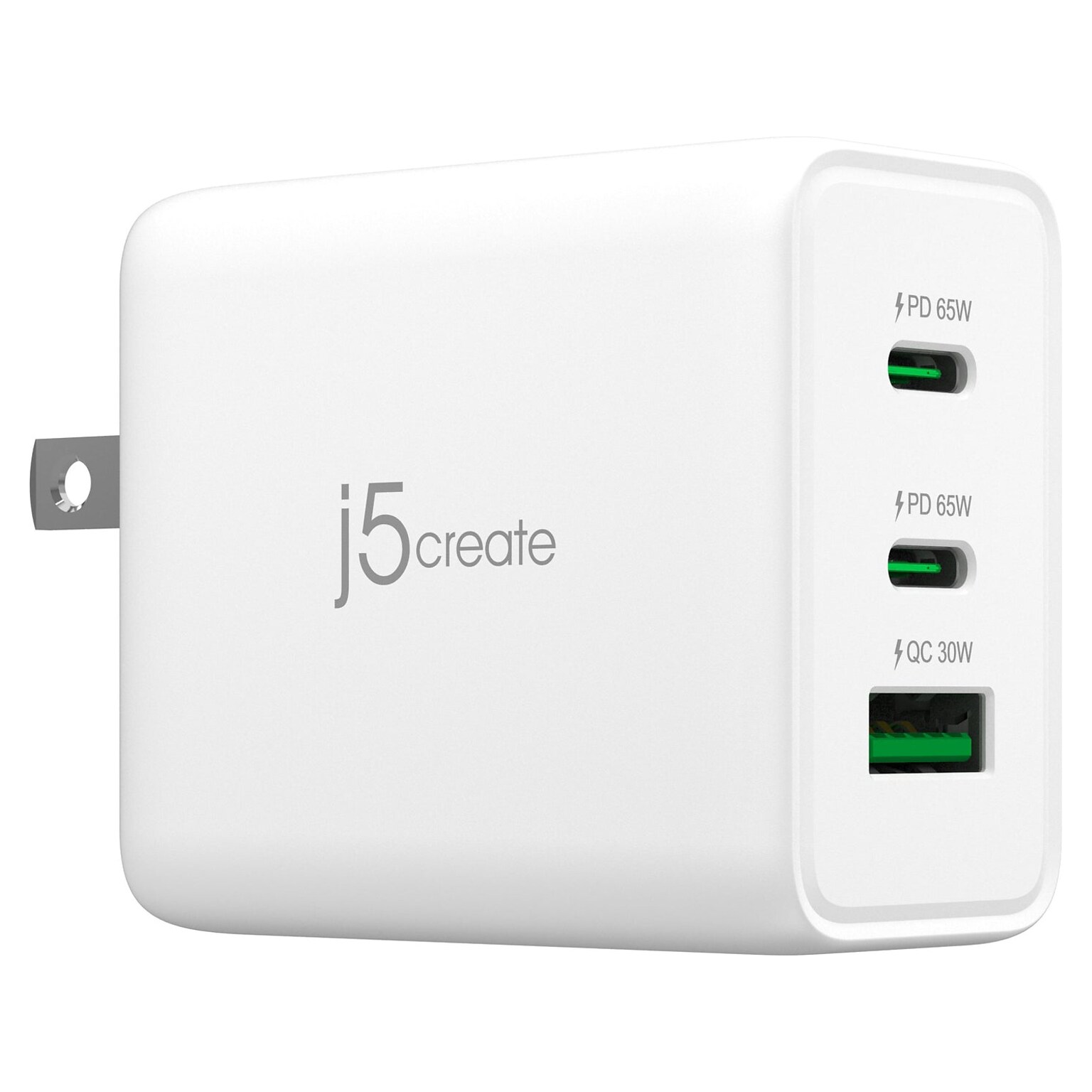 j5create 65W GaN USB-C 3-Port Charger for Laptops, Tablets and Mobile Devices, White (JUP3365)