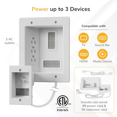 Mount-It! In-Wall Cable Management Kit with 3 Recessed Power Outlets and Power Input Module, White (MI-7288)