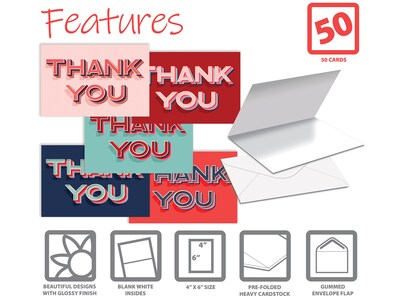 Better Office Thank You Cards with Envelopes, 4" x 6", Assorted Colors, 50/Pack (64526-50PK)