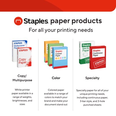 Staples 3-Hole Punch Copy Paper, 8.5" x 11", 20 lbs., 500 Sheets/Ream, 10 Reams/Carton (221192)