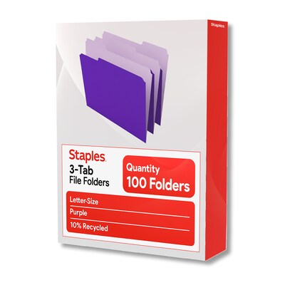 Staples File Folders, 1/3-Cut Tab, Letter Size, Purple, 100/Box (ST535559-CC)