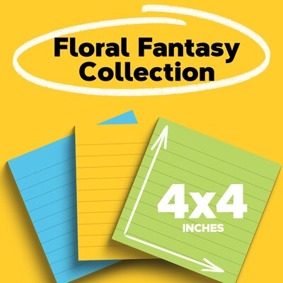 Post-it Notes, 4" x 4", Floral Fantasy Collection, Lined, 100 Sheets/Pad, 6 Pads/Pack (6753AUL)