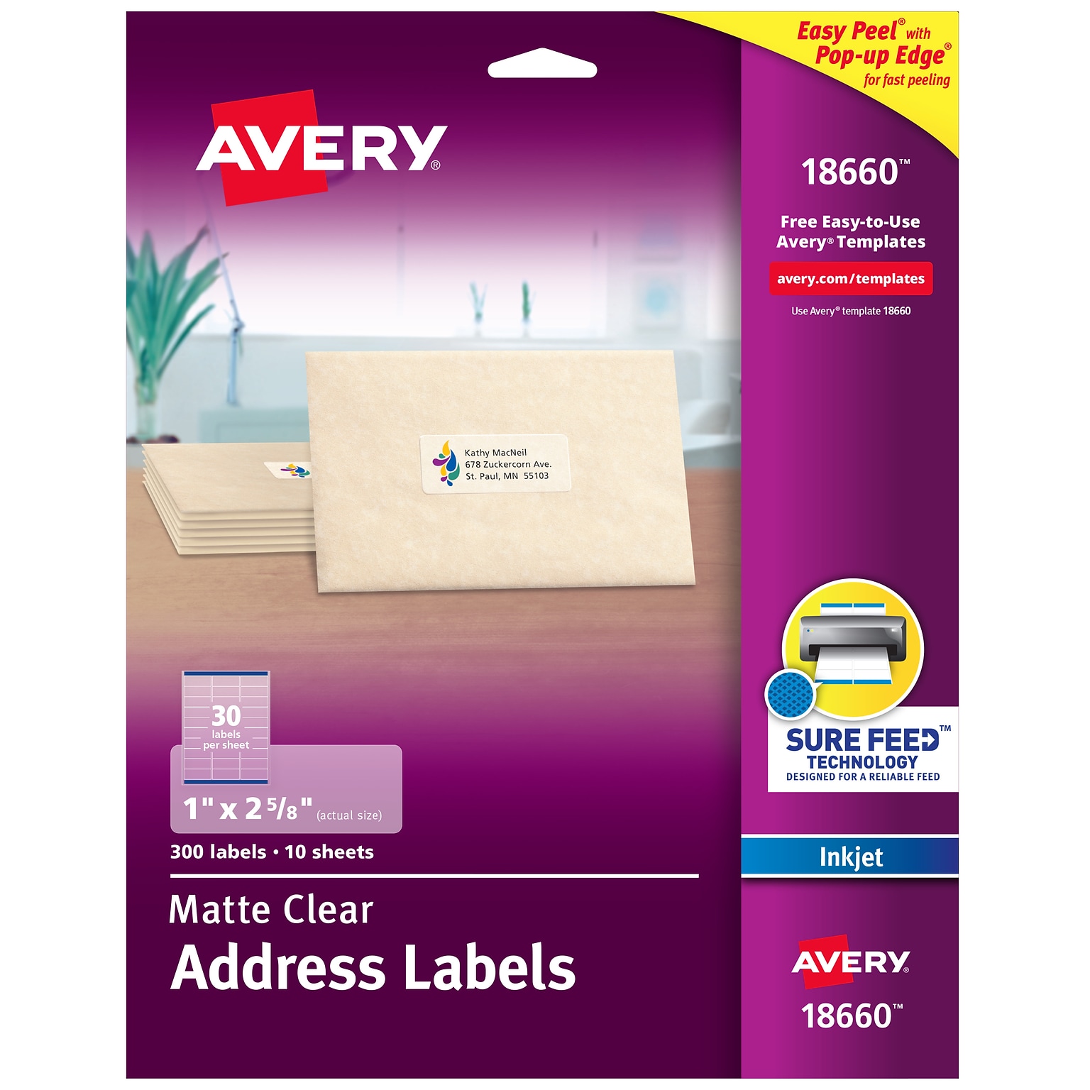 Avery Easy Peel Inkjet Address Labels, 1 x 2-5/8, Clear, 30 Labels/Sheet, 10 Sheets/Pack (18660)