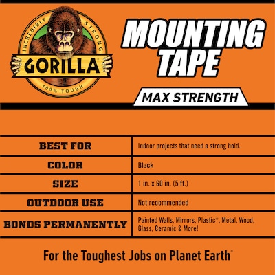 Gorilla Max Strength Indoor Double-Sided Mounting Tape, 1" x 1.67 yds., Black (112962)