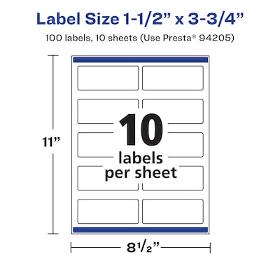 Avery Laser/Inkjet Multipurpose Labels,  1.5" x 3.75", White, 10 Labels/Sheet, 10 Sheets/Pack (94205-WGP10)