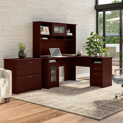 Bush Furniture Cabot 60W L Shaped Computer Desk with Hutch and Lateral File Cabinet, Harvest Cherry