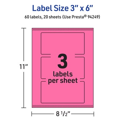 Avery Laser/Inkjet Rectangle Multipurpose Labels, 3" x 6", Bright Pink, 60/Pack (94249)
