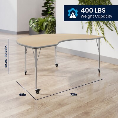 Flash Furniture Wren Kidney Activity Table, 72" x 48", Height Adjustable, Light Natural Top/Silver Frame (XUA4872KDLNTAC)