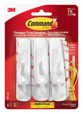 Command Medium Utility Hooks, 3 lb., White, 6/Pack (17001-VP-6P)