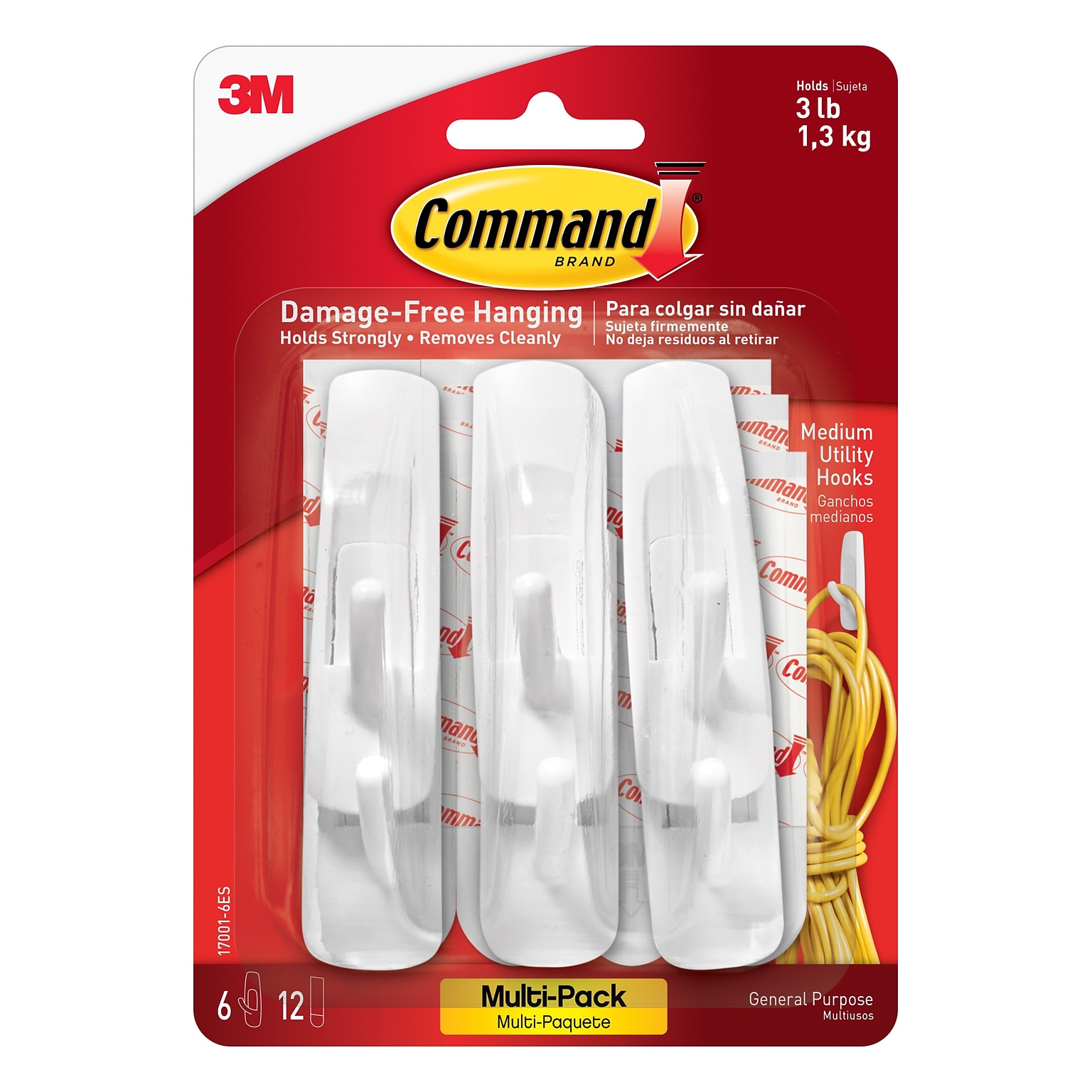 Command Medium Utility Hooks, 3 lb., White, 6/Pack (17001-VP-6P)