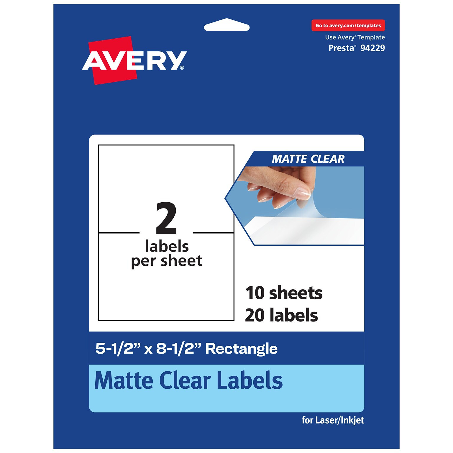 Avery Laser/Inkjet Rectangle Multipurpose Labels, 5-1/2 x 8-1/2, Clear, 20/Pack (94229)