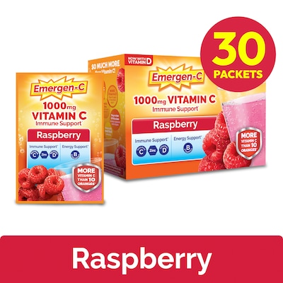 Emergen-C Vitamin C 1000mg Immune Support Powder, Raspberry, 30 Packets/Box (130201)
