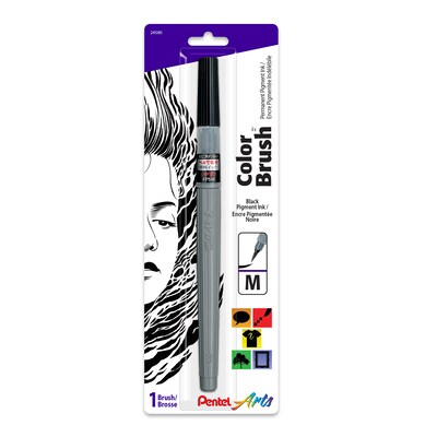 Pentel Arts Color Brush with Pigment Ink, Medium Tip, Black, 3/Pack (PTAFP5MBPA-3)