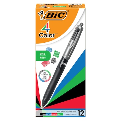 BIC 4-Color Grip Retractable Ballpoint Pen, 1.0mm, Assorted Ink, 12/Pack (MMPG11-AST)
