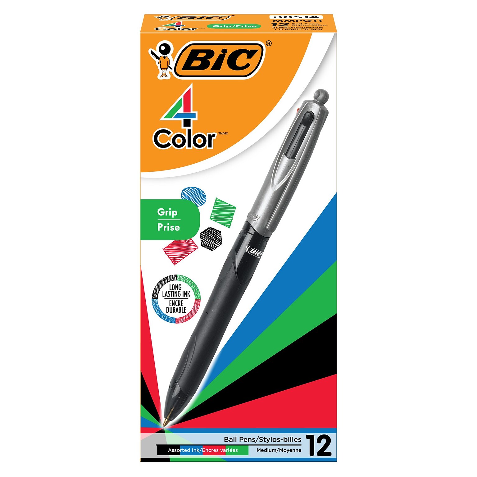 BIC 4-Color Grip Retractable Ballpoint Pen, 1.0mm, Assorted Ink, 12/Pack (MMPG11-AST)