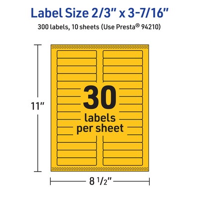 Avery Rectangle Laser/Inkjet Multipurpose Labels, 2/3" x 3-7/16", Bright Yellow (300/Pack)