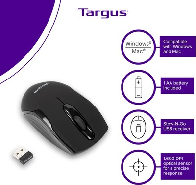 Targus W575 Wireless Ergonomic Ambidextrous Optical USB Gaming Mouse, Black (AMW575TT)