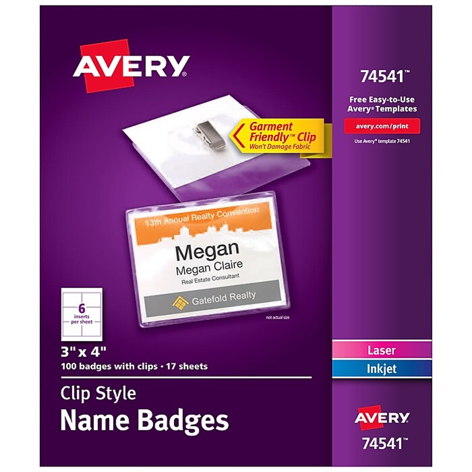 Avery Clip Style Laser/Inkjet Name Badge Kit, 3 x 4, Clear Holders with White Inserts, 100/Box (74541)