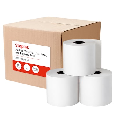 Staples Adding Machine, Register, and Calculator Rolls 2 1/4 x 130 1-Ply, 12/Pack