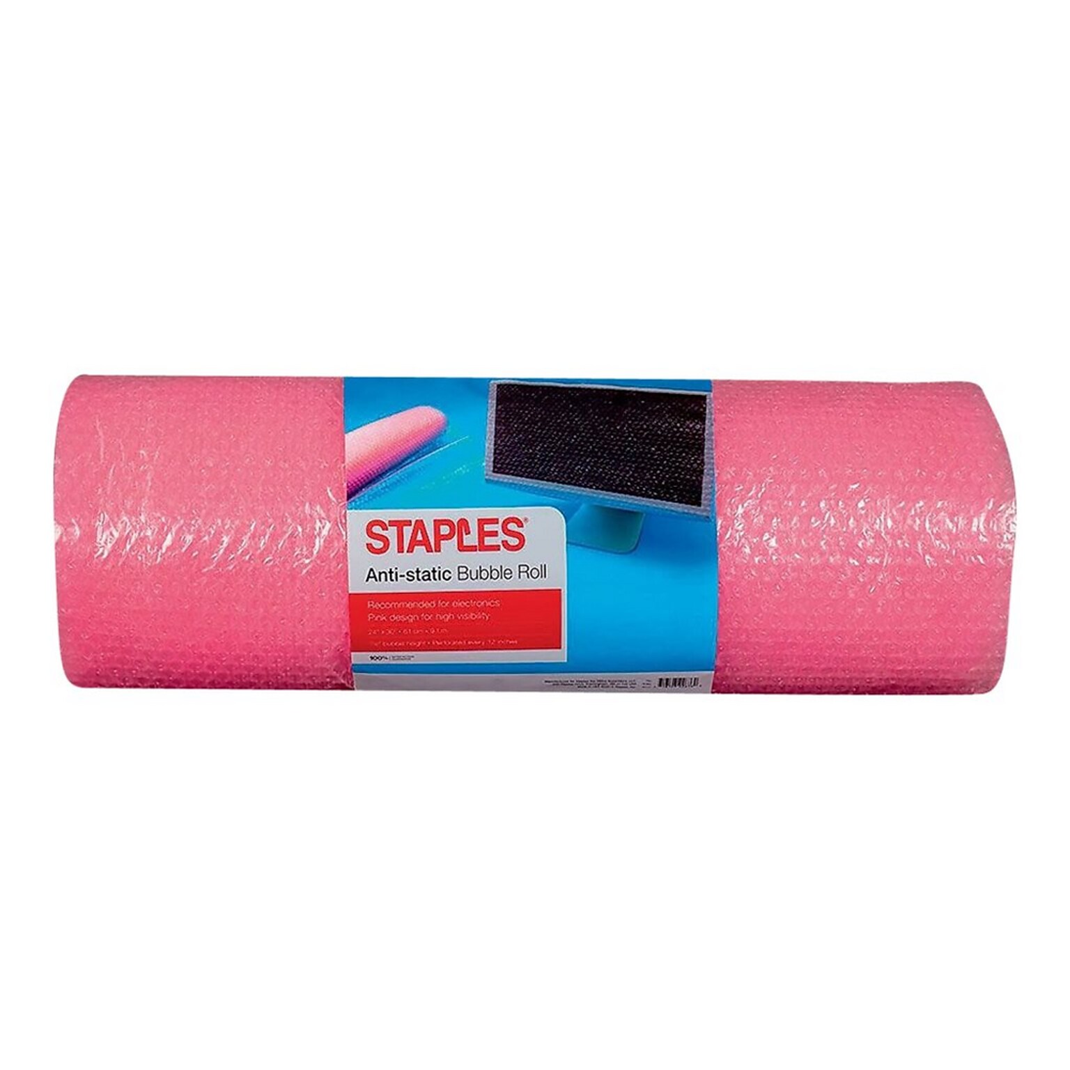 Staples Anti-Static Extra-Wide Bubble Cushioning Roll, 3/16”, 24” x 30’, Pink Static-Safe Wrap for Electronics & Sensitive Items