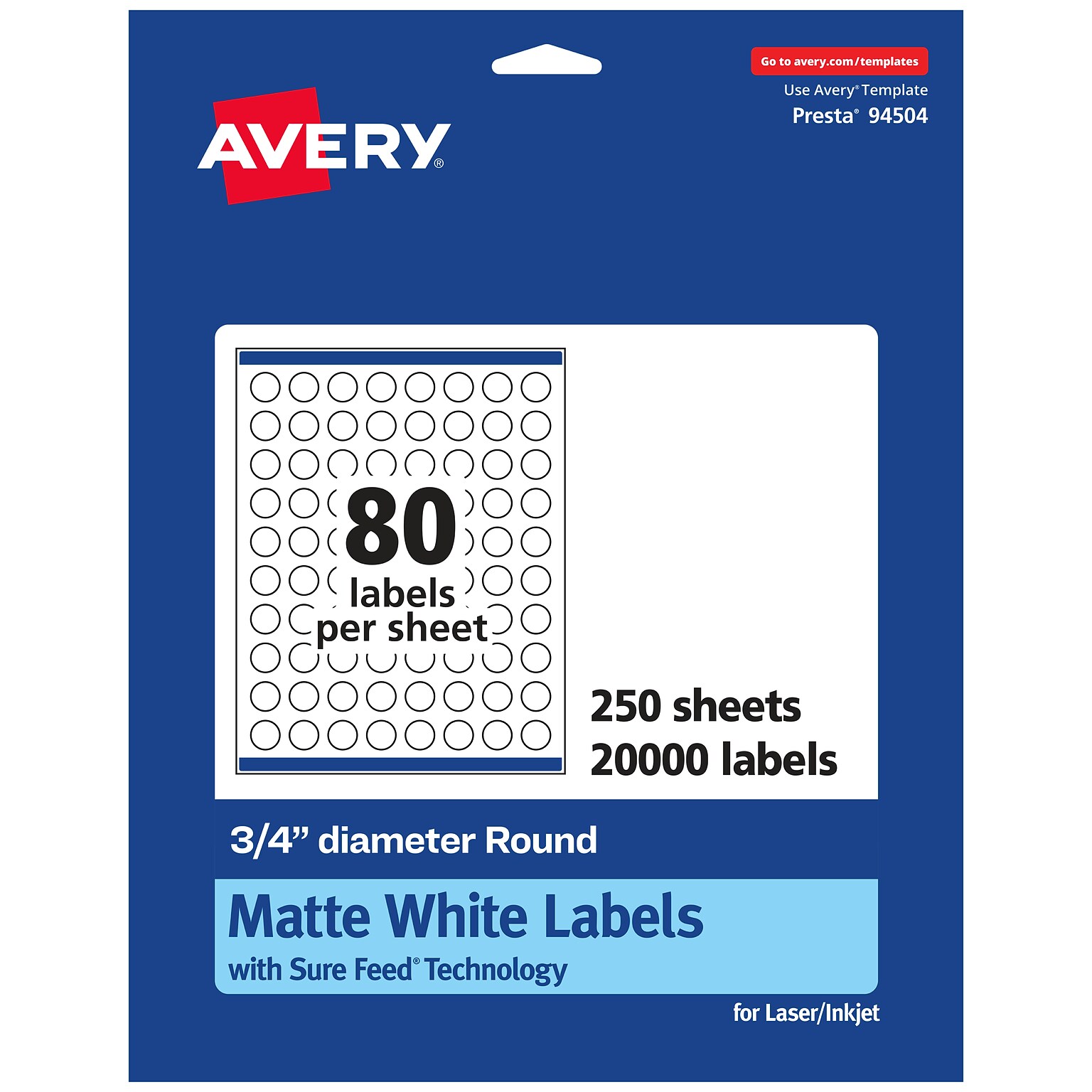 Avery Laser/Inkjet Round Multipurpose Labels, 0.75 Dia., White, 20000 Labels/Box (94504)