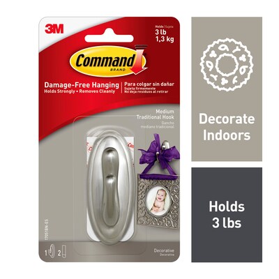 Command Medium Metallic Coated Hook, Brushed Nickel, 1 Hook, 2 Strips/Pack (17051BN-ES)