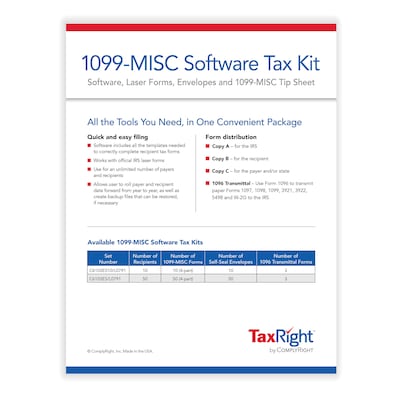 ComplyRight TaxRight 2023 1099-MISC Tax Form Kit with eFile Software & Envelopes, 6-Part, 10/Pack (SC6103ES10)