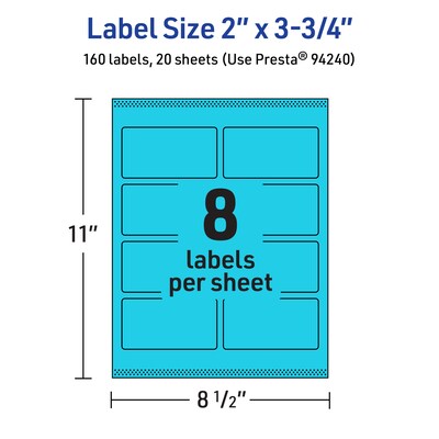 Avery Printable Rectangle Multipurpose Labels, 2" x 3.75", Bright Blue, 160/Pack (94240)
