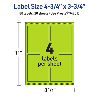 Avery Rectangle Multipurpose Labels, 4.75" x 3.75", Bright Green, 80/Pack (94254)