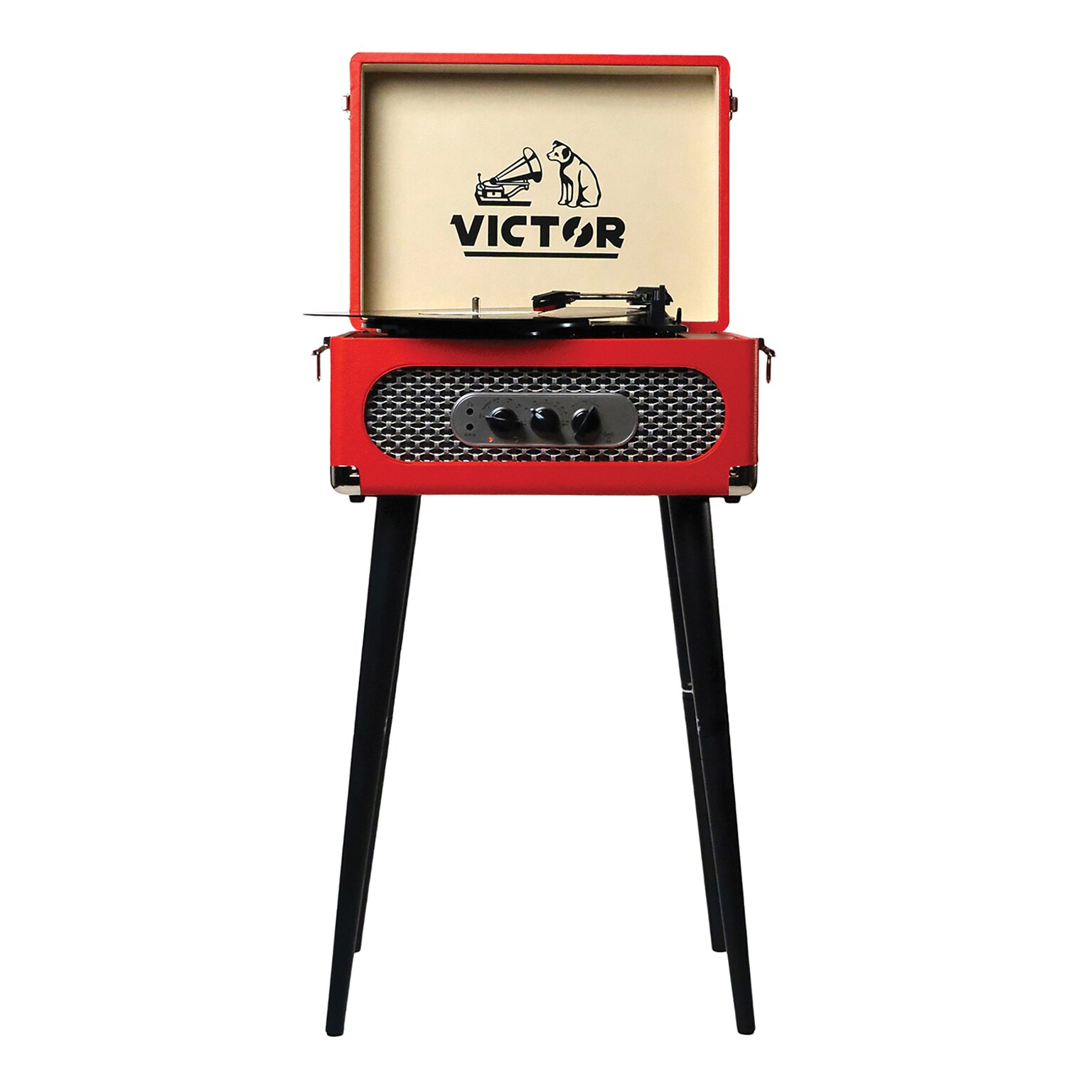 Victor Andover Dual-Bluetooth Belt-Drive 5-in-1 Suitcase-Style Record Player with Legs, Red (VWRP-3200-RD)