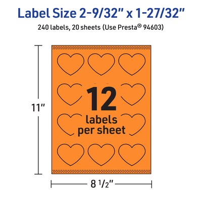 Avery Heart Shaped Laser/Inkjet Multipurpose Labels, 2-9/32" x 1-27/32", Bright Orange, 240/Pack (94603)