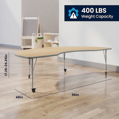 Flash Furniture Wren Kidney Activity Table, 96" x 48", Height Adjustable, Light Natural Top/Silver Frame (XUA4896KDLNTPC)