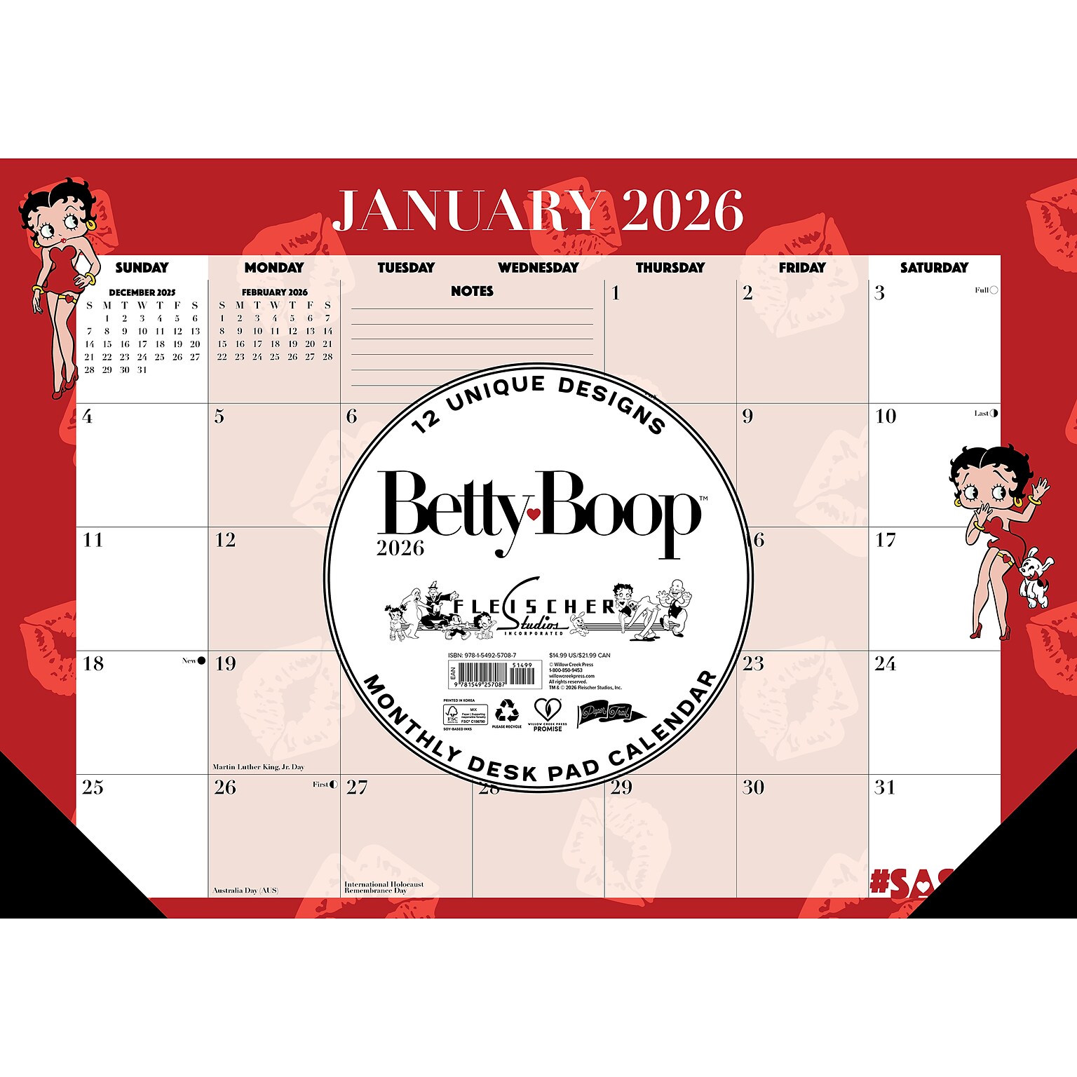 2026 Willow Creek Betty Boop 17 x 12 Monthly Desk Pad Calendar, Red (57087)