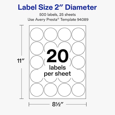Avery Round Laser/Inkjet Multipurpose Labels, 2" Round, White, 20 Labels/Sheet, 25 Sheets/Pack (19479311283)