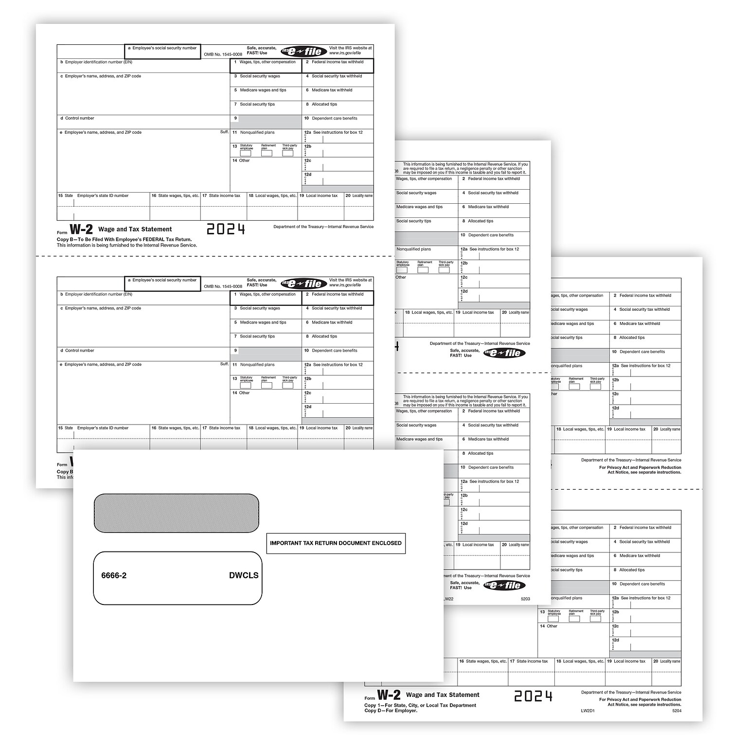 ComplyRight 2024 W-2 Tax Form Envelopes/Recipient Copy Only, 5-Part, 2-Up, Copy B, C/2, D/1, 50/Pack (5648E)