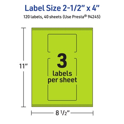Avery Printable Rectangle Multipurpose Labels, 2.5" x 4", Bright Green, 120/Pack (94245)