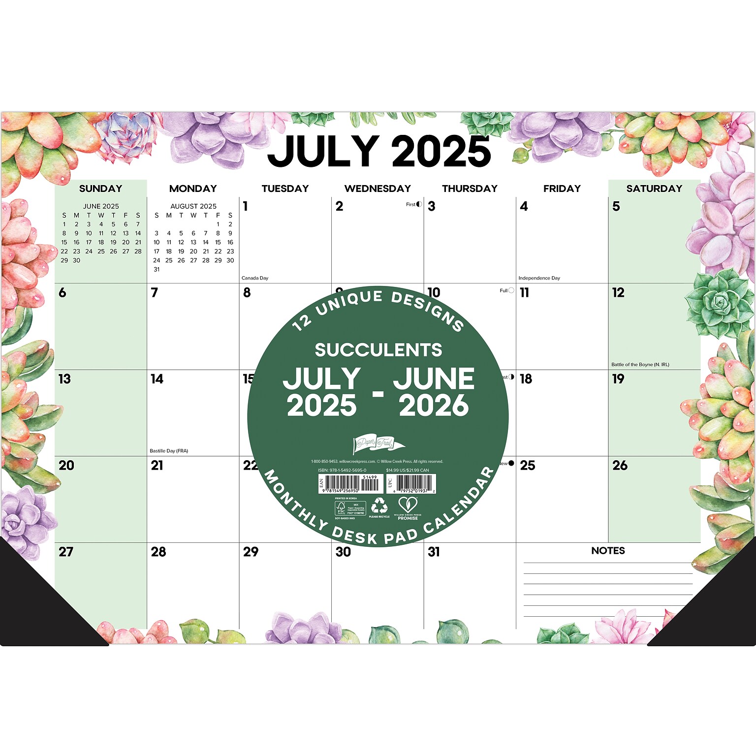 2025-2026 Willow Creek Succulents 17 x 12 Academic Monthly Desk Pad Calendar, Multicolor (56950)