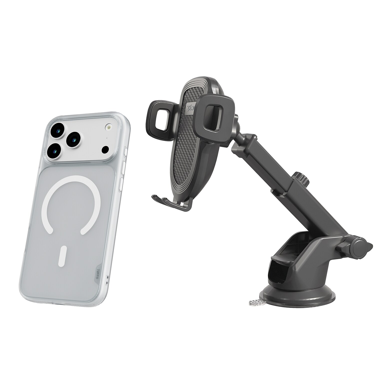 TUFF8 GlideGuard MagSafe Phone Case for iPhone 18 Pro Max with XYST Extendable Dash Mount, Matte Clear/Black (KITLIBBWR18PR03)
