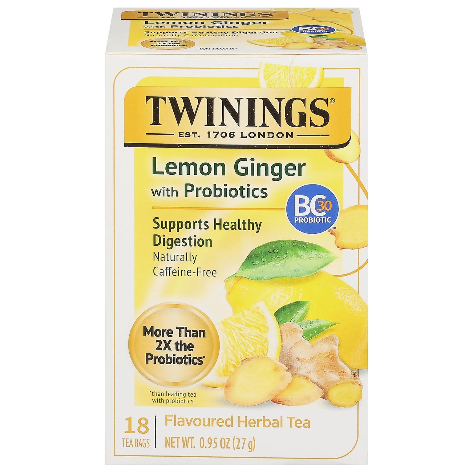 Twinings Probiotics Lemon and Ginger Herbal Tea Bags, 18/Box (F16483)