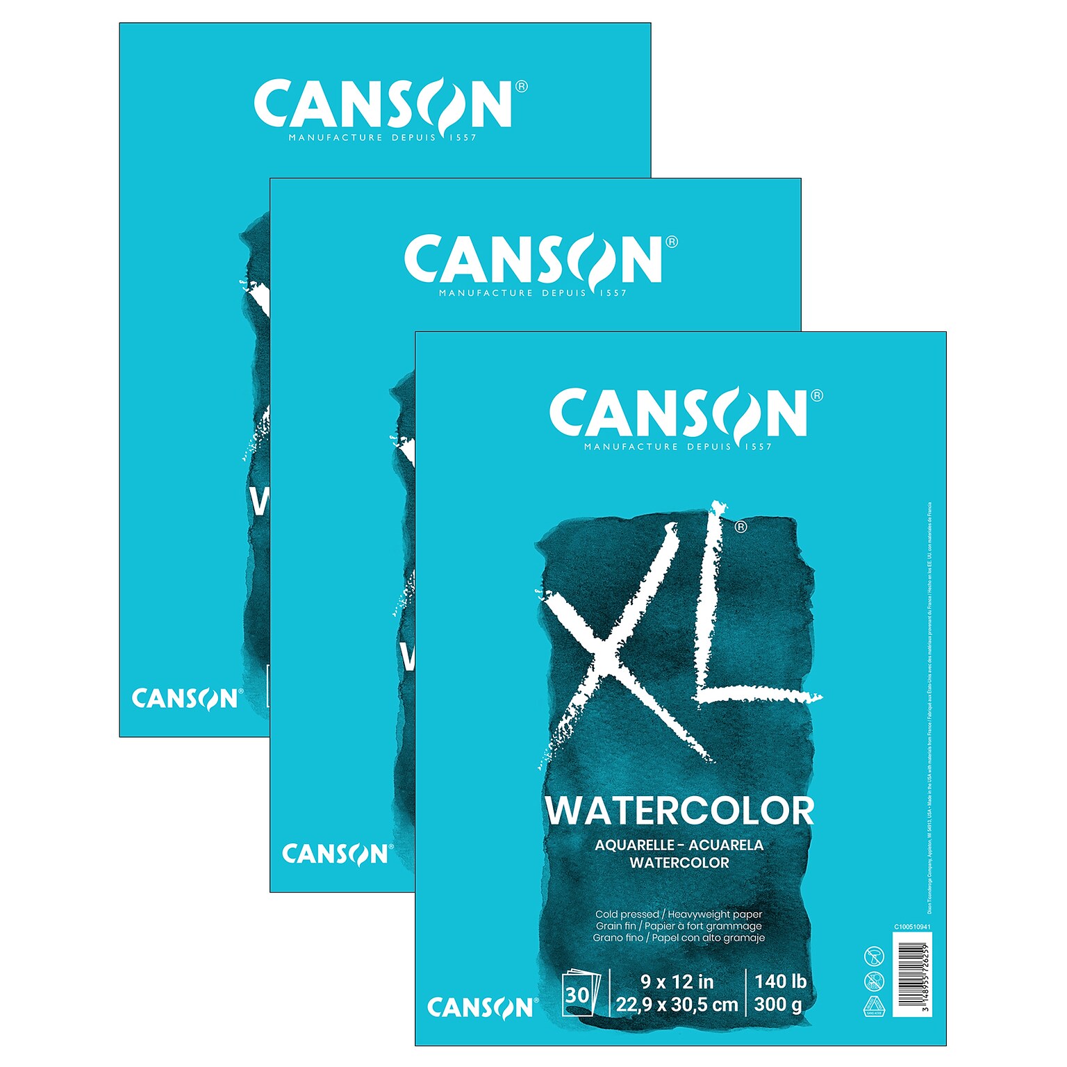 Canson XL Series 9 x 12 Watercolor Sketch Pad, 30 Sheets/Pad, 3/Bundle (MCXC10051094103-3)