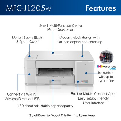 Brother INKvestment Tank MFC-J1205W Wireless Color Inkjet Printer, All-In-One Supertank, Print, Scan, Copy