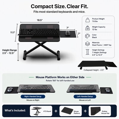 Uncaged Ergonomics KT3 Adjustable Height Keyboard Stand with Mouse Platform for Counters and Workstations, Black