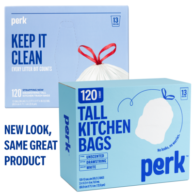 Perk™ 13 Gallon Kitchen Trash Bag, 28 x 24, Low Density, 0.9 mil, White, 120 Bags/Box (PK56750)