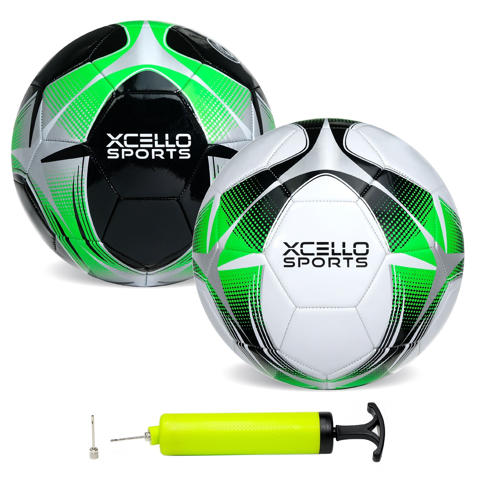 Xcello Sports Size 4 Soccer Balls with Pump, Black/Green/Silver, White/Green/Silver, 2/Pack (SB-S4-2-ASST-7)