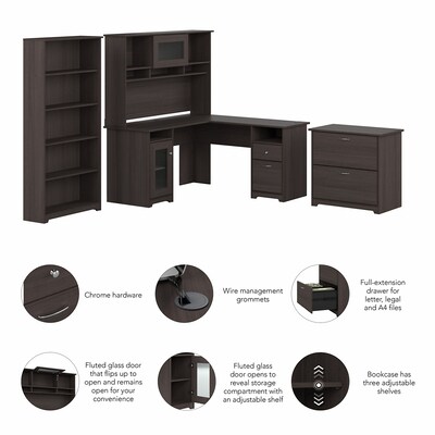 Bush Furniture Cabot 60"W L Shaped Computer Desk with Hutch, File Cabinet and Bookcase, Heather Gray (CAB010HRG)