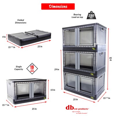Dbest Quik Box Large Stackable Folding Plastic Storage Bin, 36" x 20" x 12", 76 Qt., Black, 3/Pack (01-937)