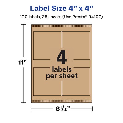 Avery Square Labels, 4" x 4", Kraft Brown, 100 Labels/Pack (94100)