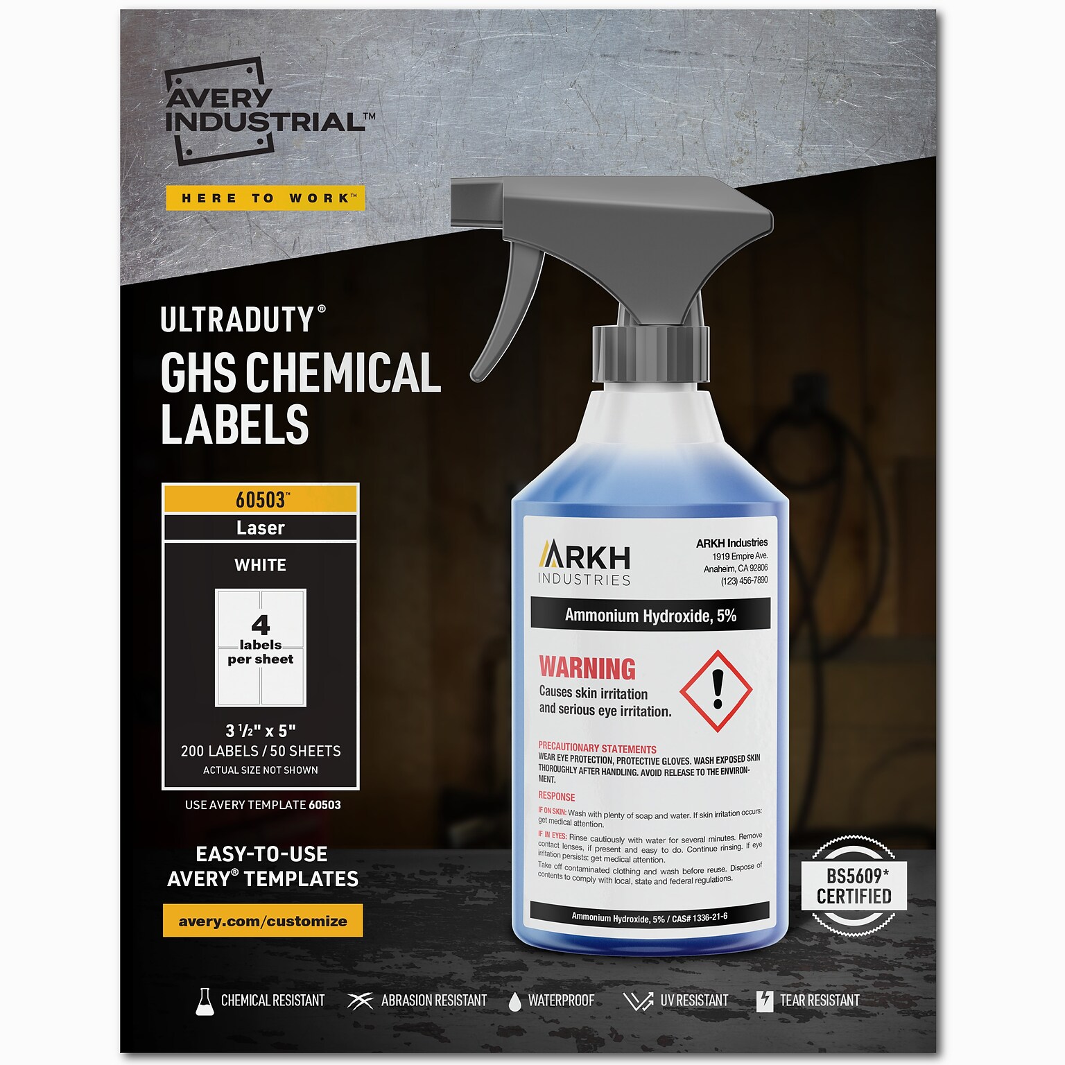 Avery UltraDuty Waterproof Laser GHS Chemical Labels, 3 1/2 x 5, White, 200 Labels/Box (60503 )